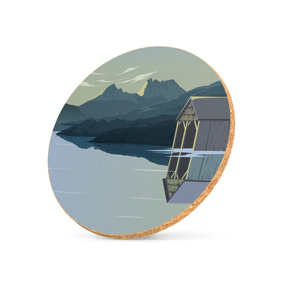 Illustrated cork coaster featuring Cradle Mountain artwork